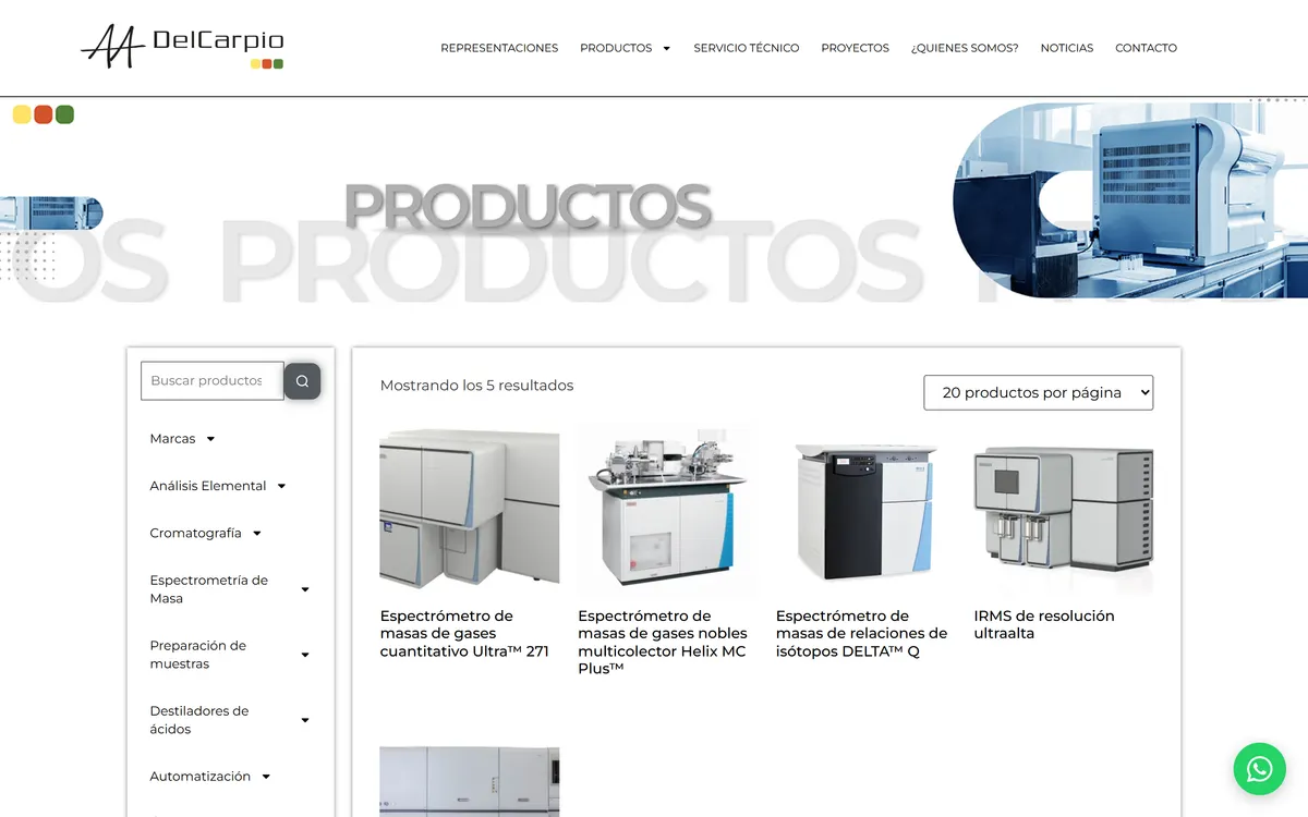 Catálogo de equipos de laboratorio con filtros en delcarpio.cl