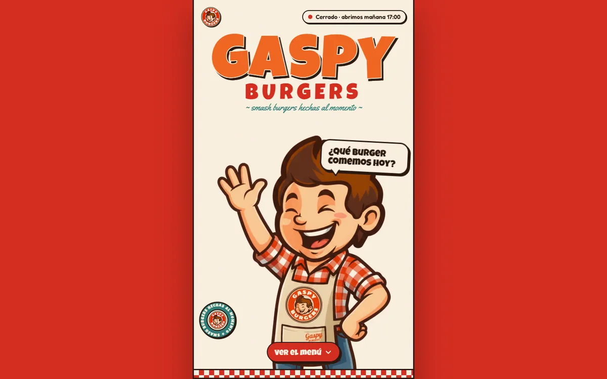 Portada de Gaspy Burgers con su mascota al estilo de los años 50
