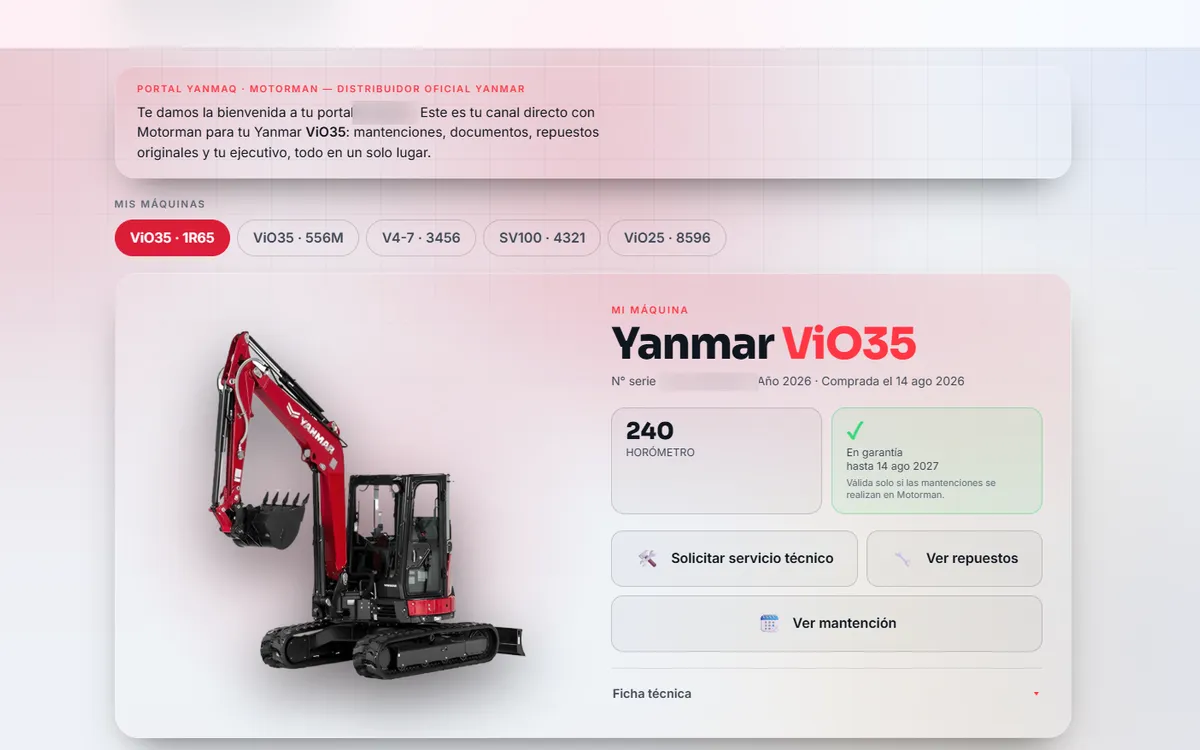Ficha de la máquina del cliente en el Portal Clientes Yanmaq