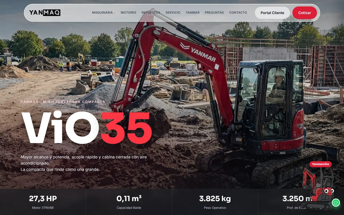 Ficha de la miniexcavadora Yanmar ViO35 en yanmaq.cl con potencia, capacidad y peso